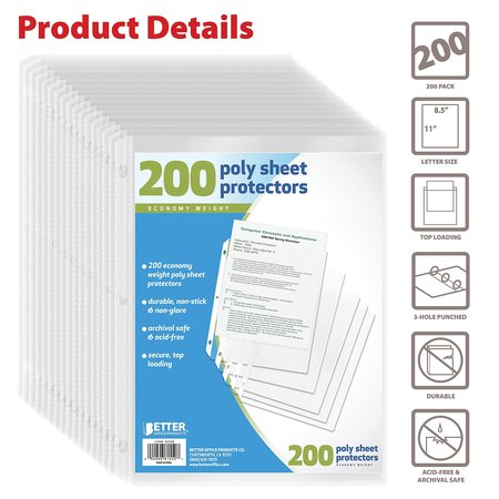 Better Office Products Sheet Protectors, Poly, 200 Sheets, 200PK 81550